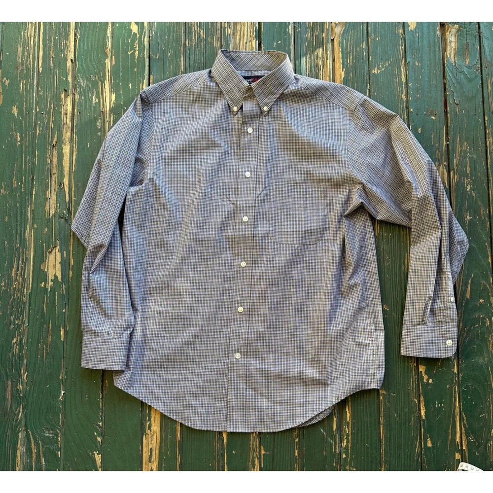 Roundtree & Yorke TravelSmart Mens Medium Blue Tan Micro Check Button Down Shirt